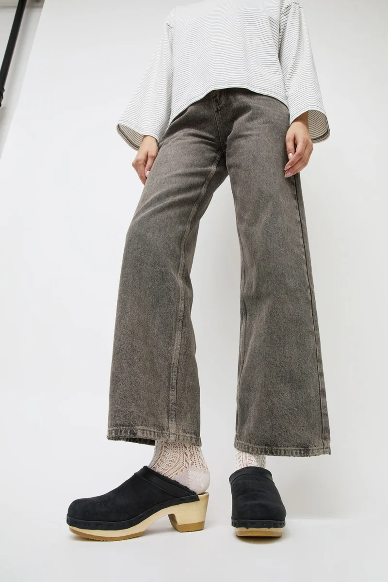 No.6 Dakota Shearling Clog on Mid Heel in Black Suede