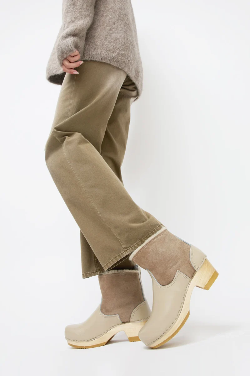 No.6 5" Pull on Shearling Clog Boot on Mid Heel in Clay