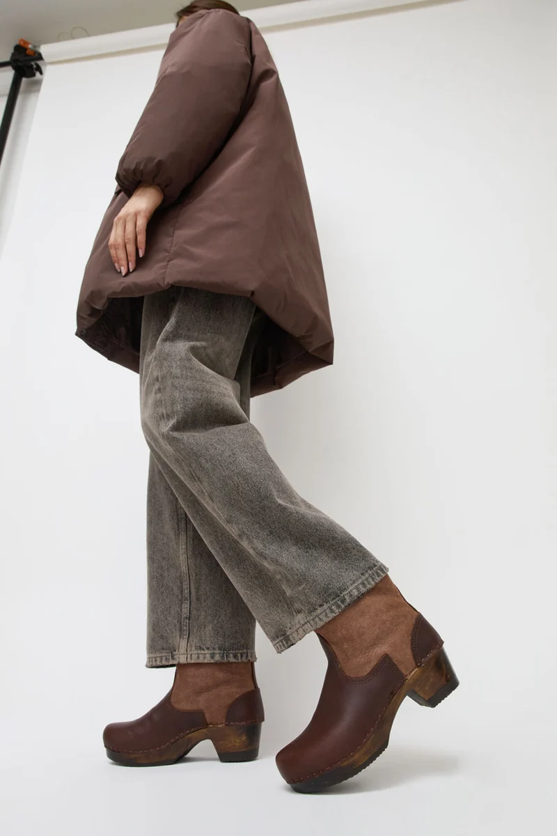 No.6 5" Pull on Shearling Clog Boot on Mid Heel in Molasses and Russet on Cocoa Base