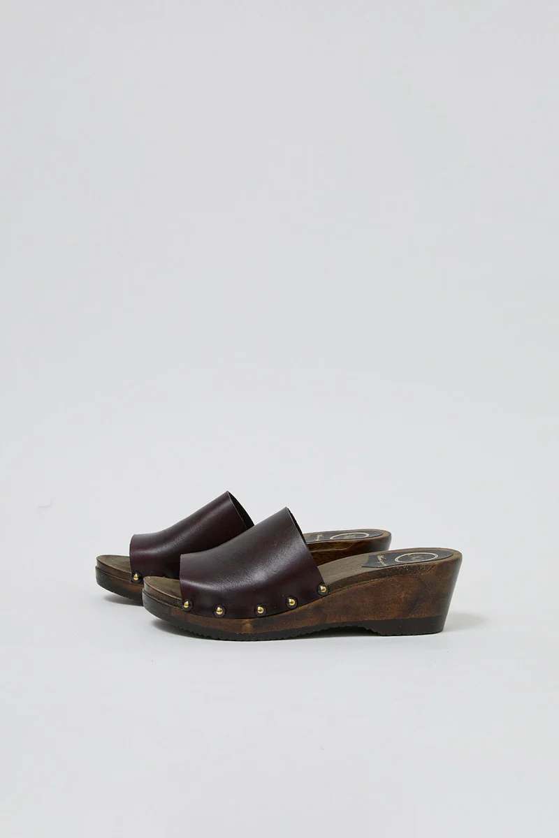 No.6 Leah Clog on Mid Wedge in Black Cherry on Cocoa Base