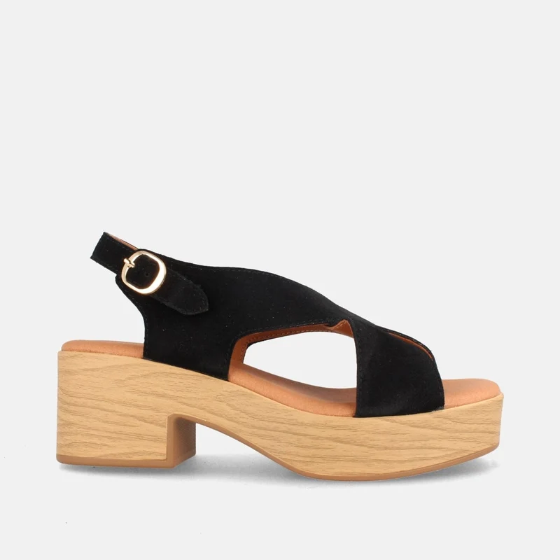 Sandalias de Tacón Medio en Serraje Color Negro con Plataforma Efecto Madera | Modelo Oder de Marila Shoes