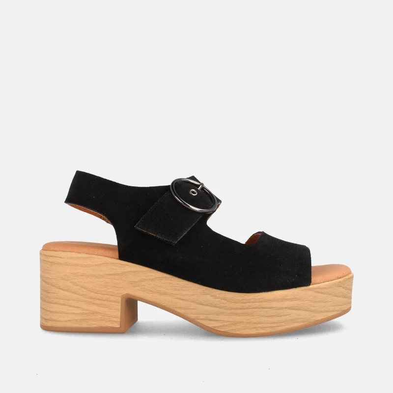 Sandalias de Plataforma con Tacón Efecto Madera en Serraje Negro y Hebilla | Modelo Obana de Marila Shoes
