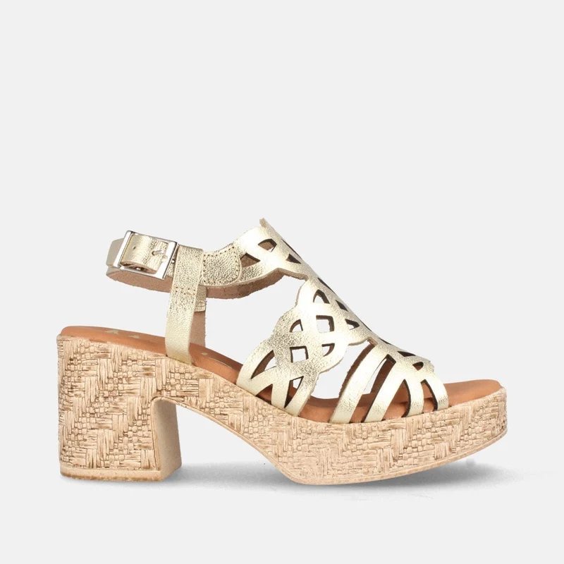 Sandalias de Tacón Confort en Color Champán con Diseño Troquelado y Plataforma Texturizada | Modelo Meya de Marila Shoes
