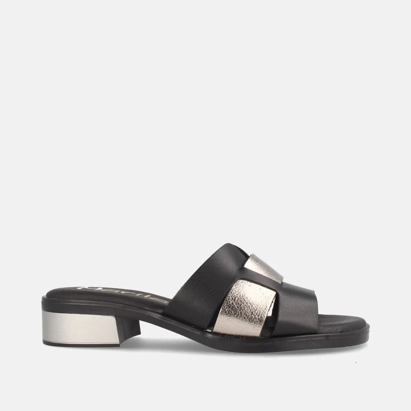 Sandalias Elegantes Color Negro con Detalle Metalizado y Tacón Bajo | Modelo Rima de Marila Shoes