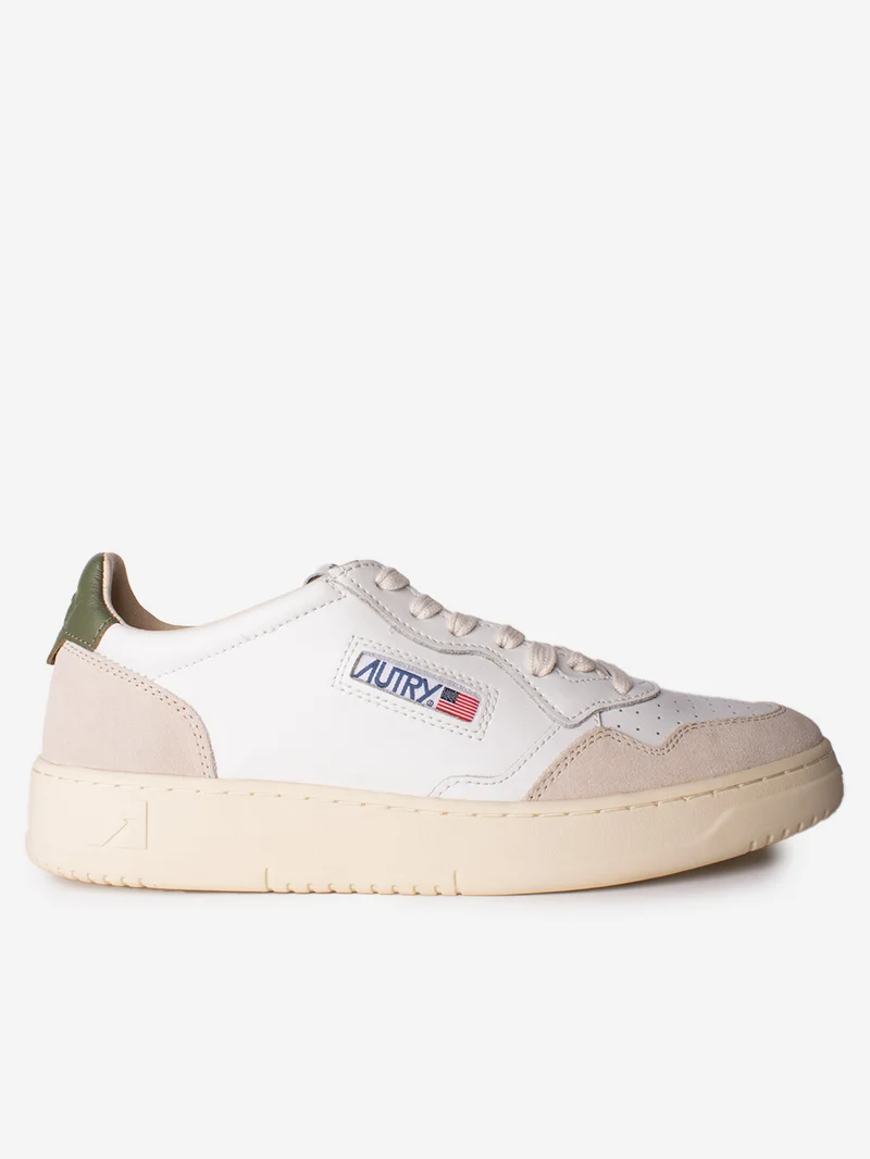 M Medalist Low in pelle bianca con suede e talloncino verde