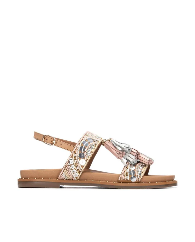 Sandalias de piel CARMELA 163198 Camel con pedrería y flecos Mujer