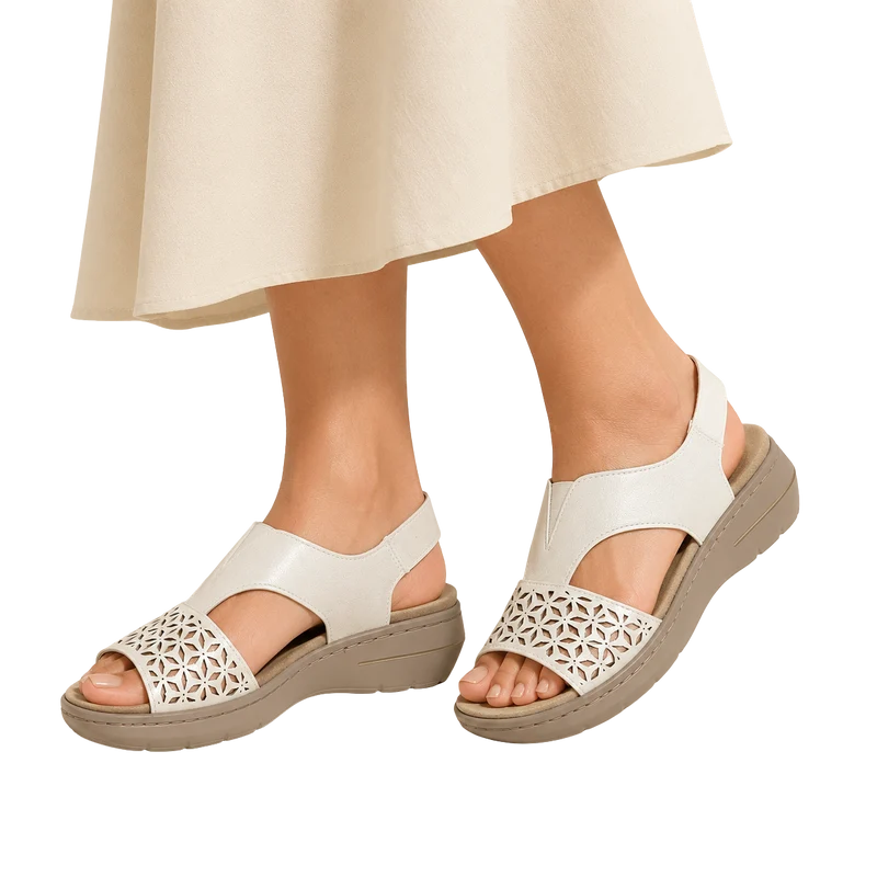 MUJER SANDALIA CUÑA PICADA FLOR BLANCO