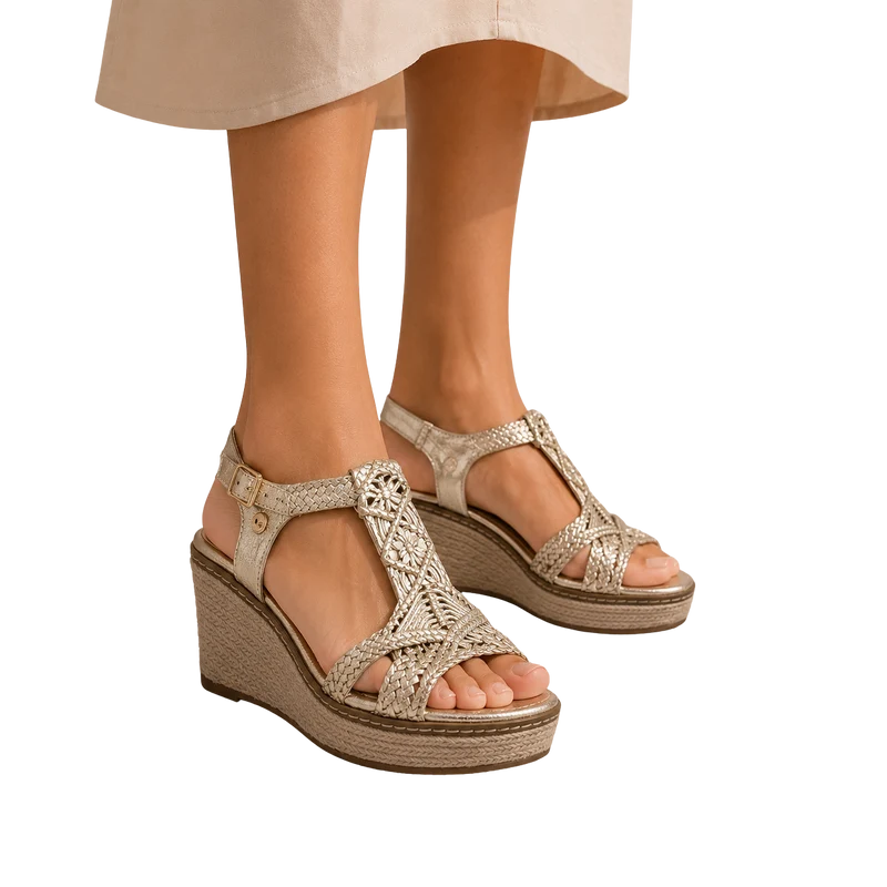 MUJER SANDALIA CUÑA TEX. ORO