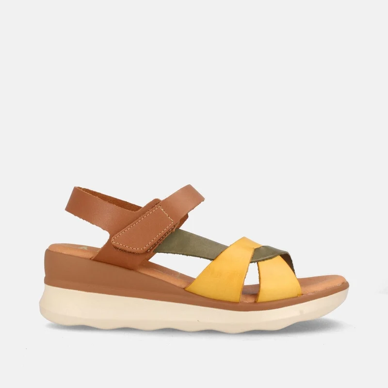 Sandalias Confort Multicolor Mostaza, Verde Militar y Cuero con Plataforma y Velcro | Modelo Juna de Marila Shoes