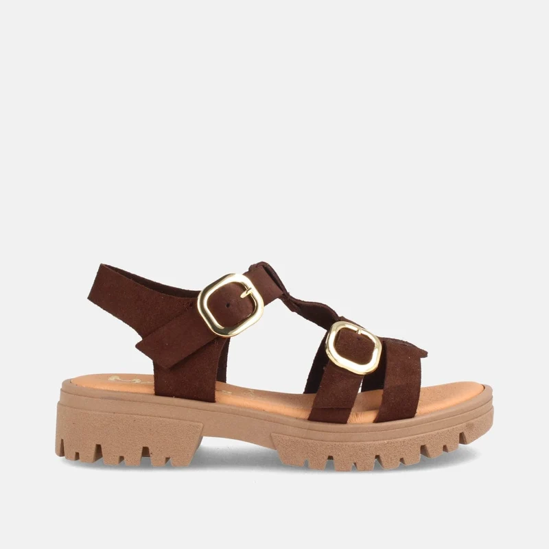 Sandalia Track Marrón de Piel con Hebillas Doradas | Modelo Delta de Marila Shoes