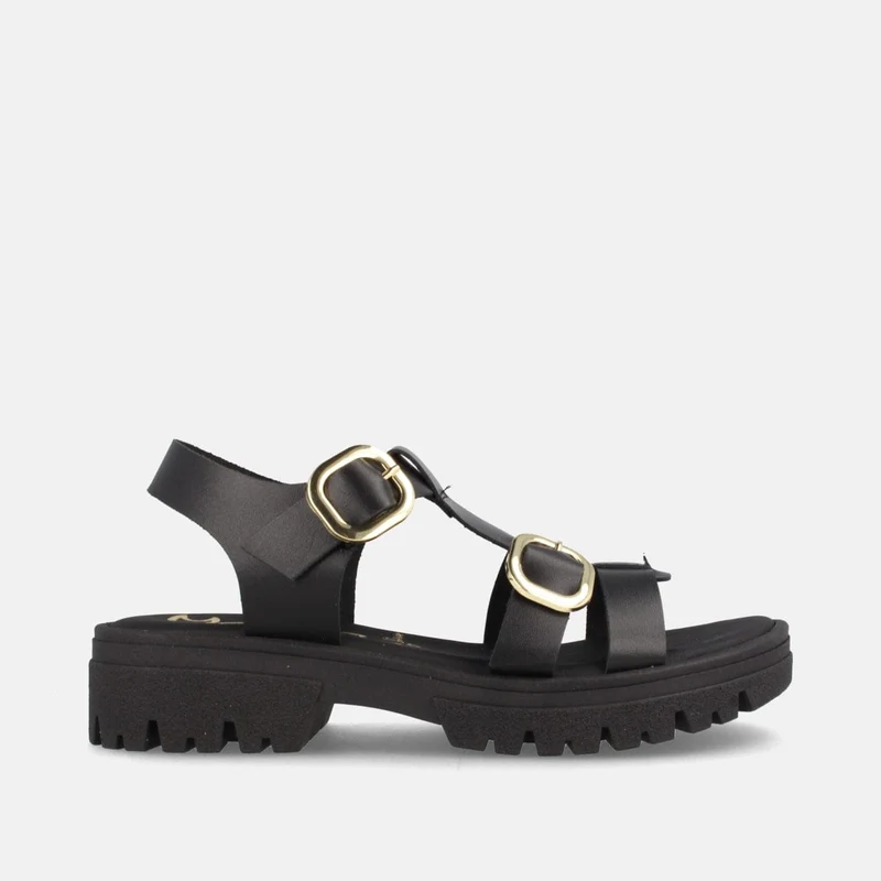 Sandalia Track Negra de Piel con Hebillas Doradas | Modelo Delta de Marila Shoes
