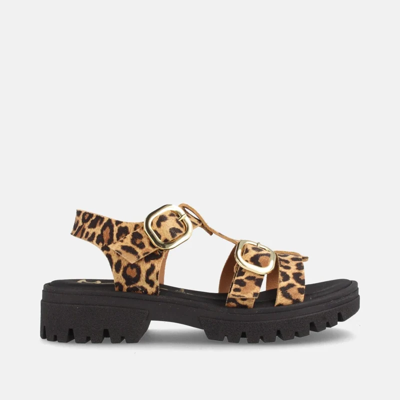 Sandalias Track Leopardo en Serraje con Hebillas Doradas y Suela Negra | Modelo Delta de Marila Shoes