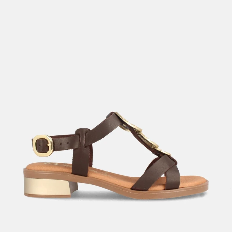 Sandalias de Tacón Bajo Marrones en Piel con Hebilla y Detalle Metálico | Modelo Afón de Marila Shoes