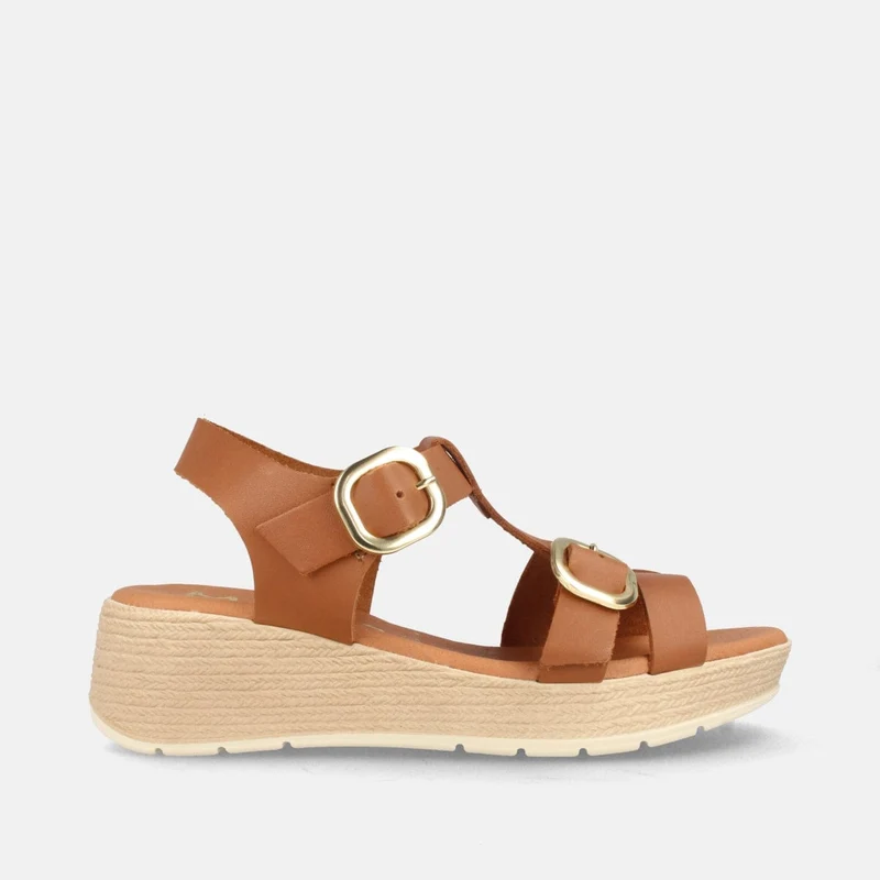 Sandalias de Cuña Marrones en Piel con Hebillas Doradas y Plataforma | Modelo Bamba de Marila Shoes