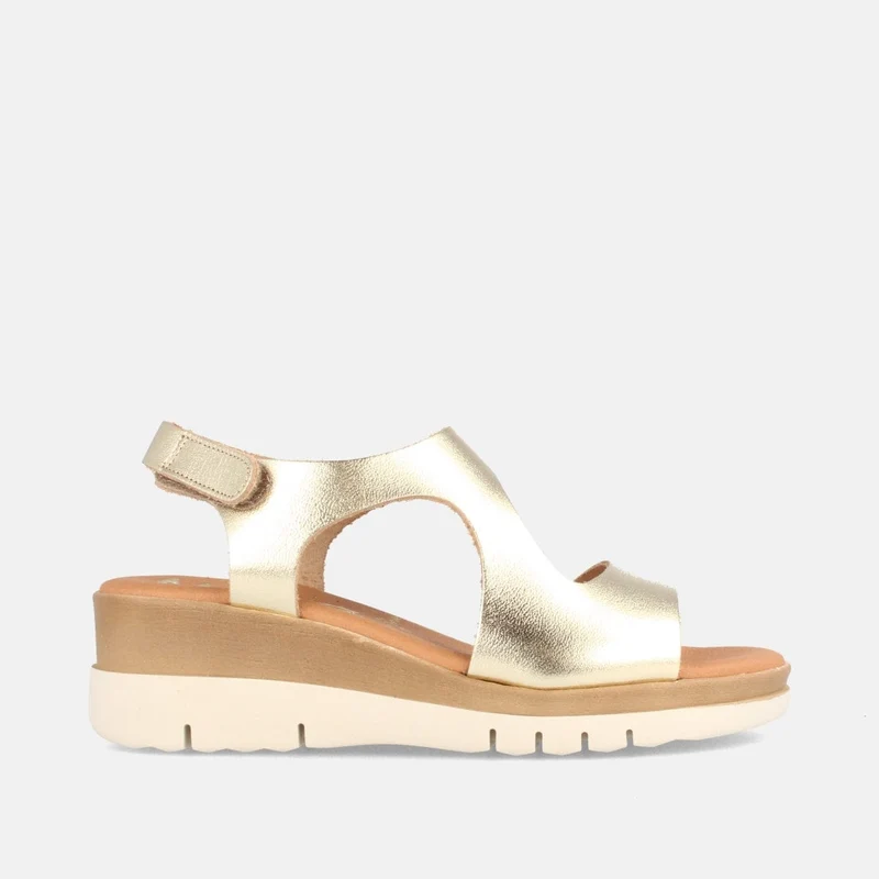 SANDALIA PARA MUJER DE PIEL CON CUÑA MEDIA ALLEN PLATINO