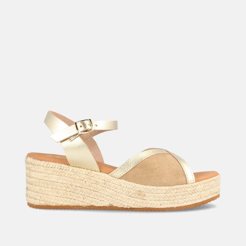 SANDALIA PARA MUJER DE PIEL CON CUÑA ALTA COLUMBIA ARENA Y PLATINO