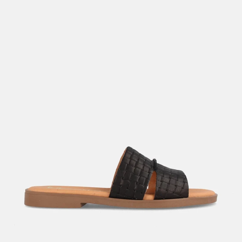 SANDALIA PLANA PARA MUJER TIPO ZUECO EN PIEL POLTI NEGRO