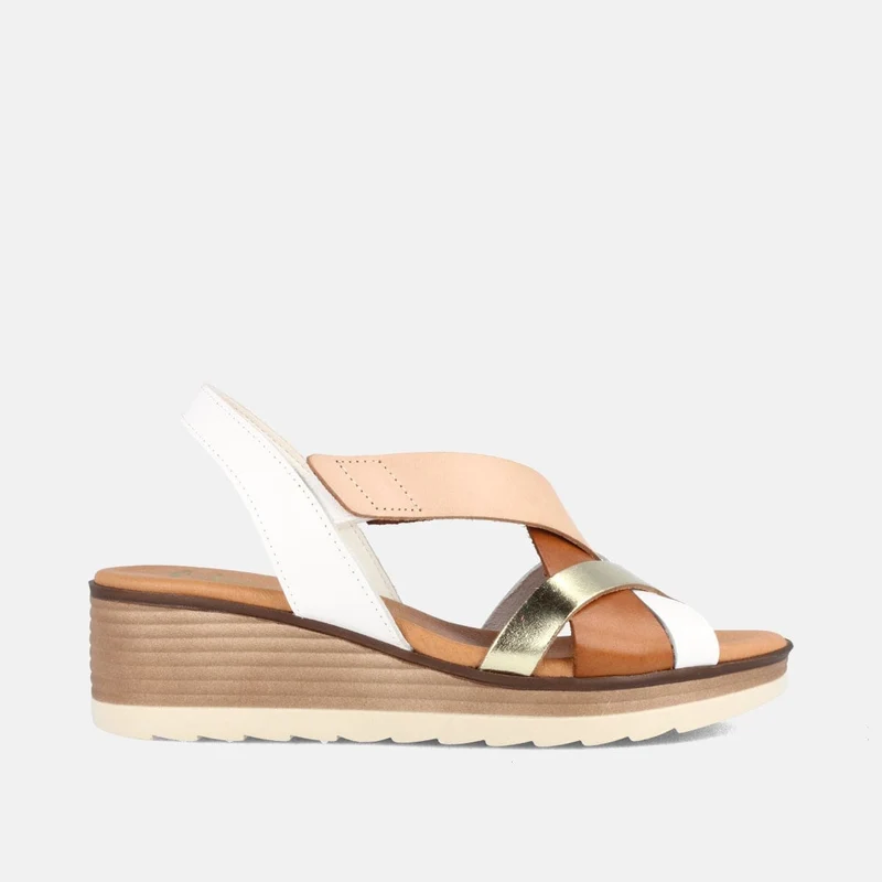 SANDALIA PARA MUJER CON CUÑA MEDIA EN PIEL CELESTE MULTIBLANCO
