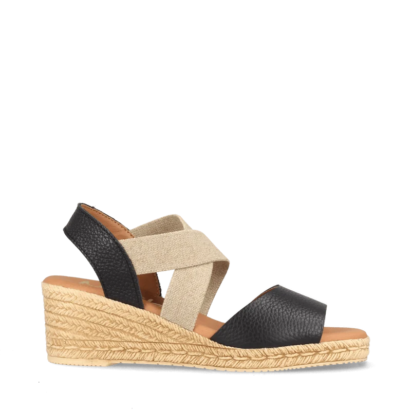 Sandalias de Cuña Negro y Beige con Elástico y Plantilla Acolchada | Modelo Festa de Marila Shoes