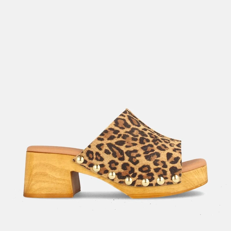 ZUECO LEOPARDO PARA MUJER CON PLATAFORMA Y TACÓN MEDIO EN PIEL