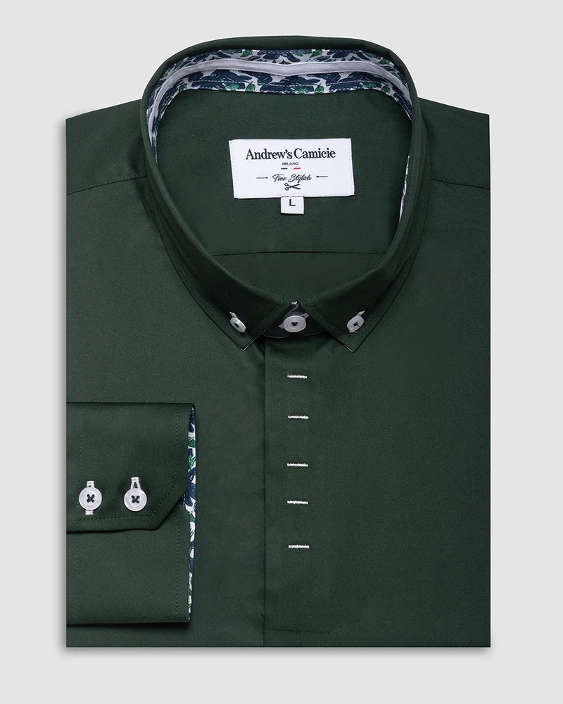 Camisa Casual dobby satín - cuello button-down puño simple 2 botones regular verde