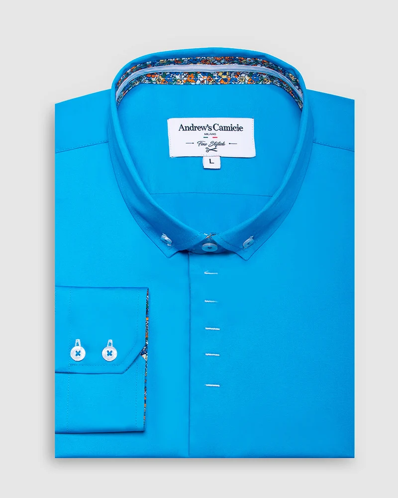 Camisa Casual dobby satín - cuello button-down puño simple 2 botones regular turquesa