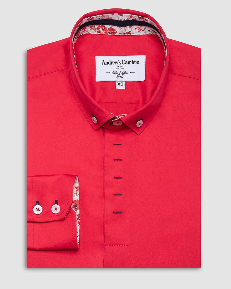 Camisa Casual dobby satín - cuello button-down puño simple 2 botones regular rojo