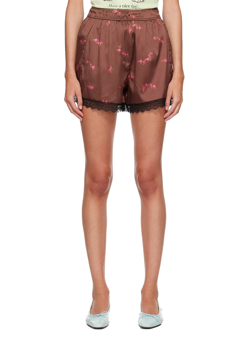Pantalones cortos Printed Sandwashed Silk Satin Lace Hem
