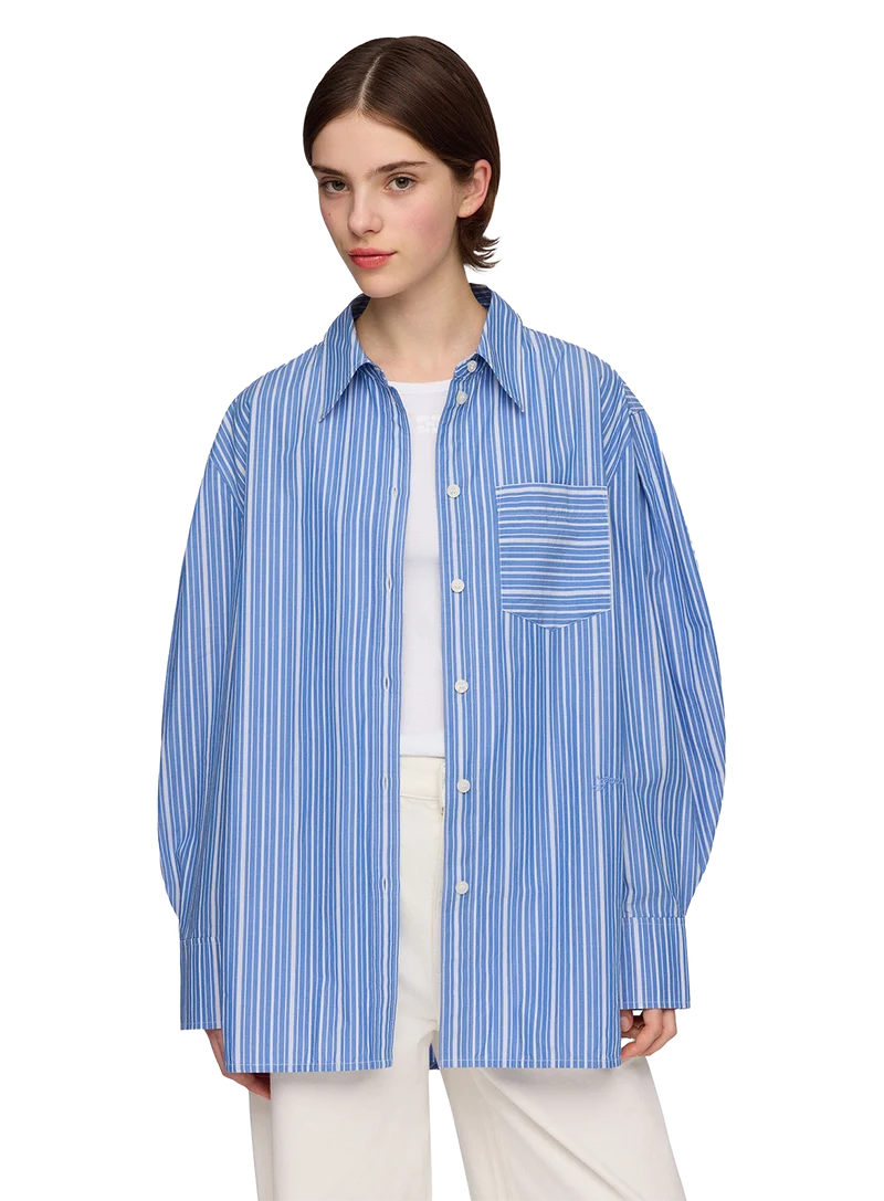 Camisa Stripe Cotton Pleated Sleeve