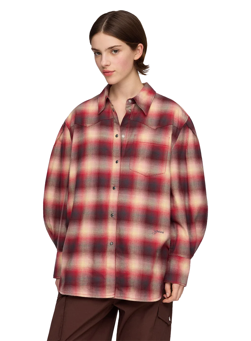 Camisa Cotton Flannel Check Pleated Sleeve