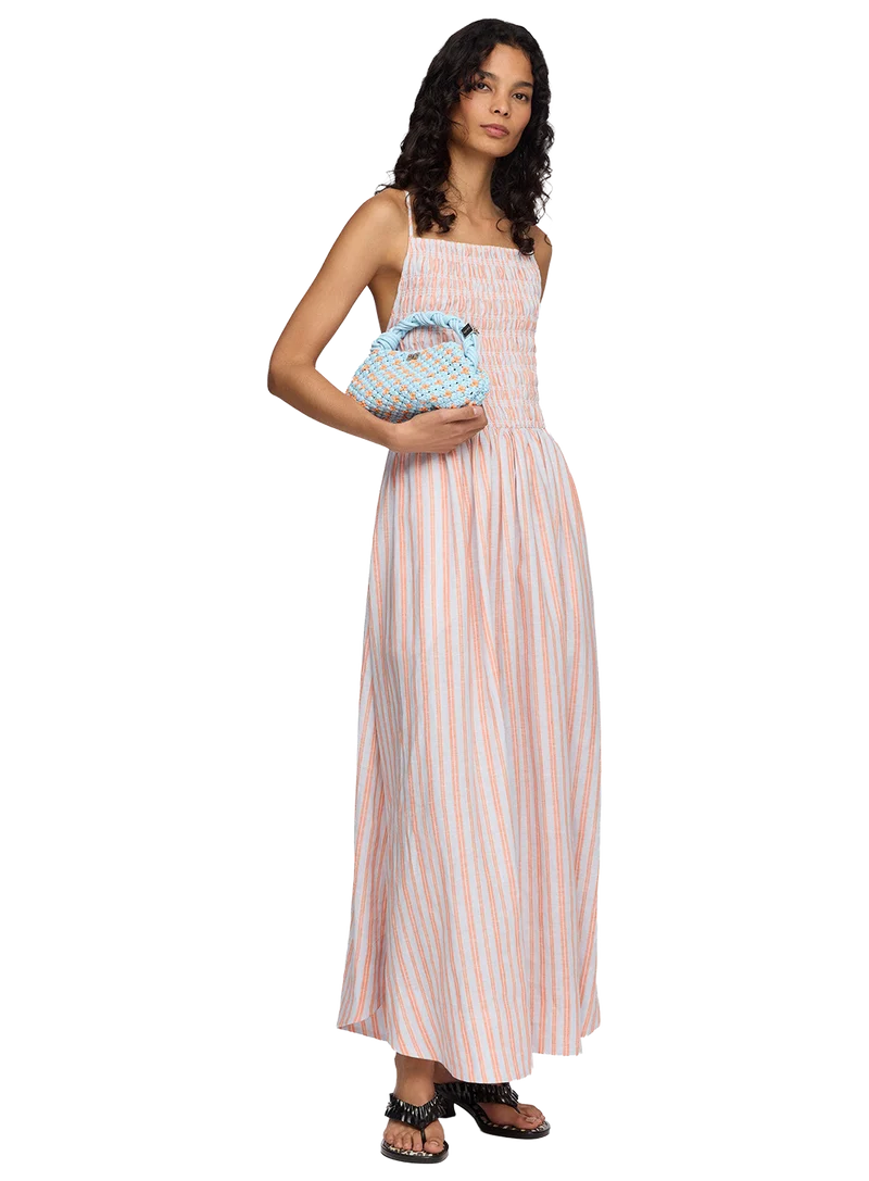 Vestido Linen Stripe Long Smocked Tie