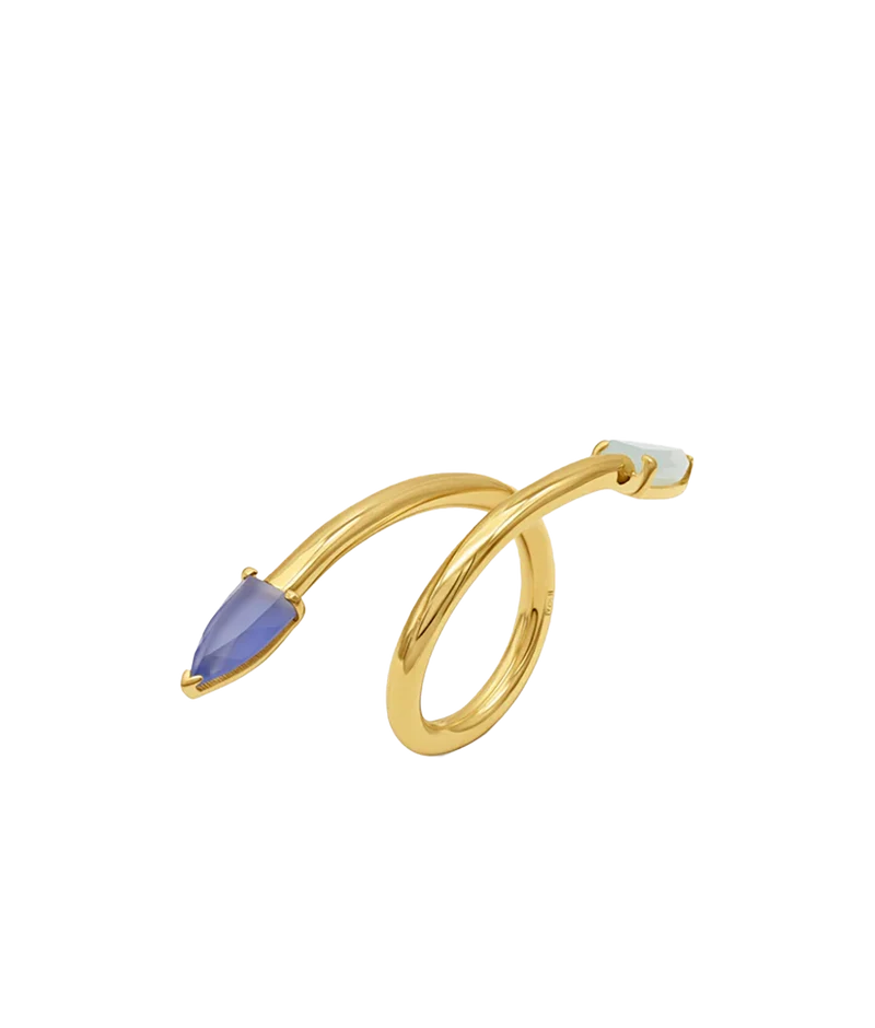 Anillo Asimétrico De Plata Bañada En Oro Con Gemas Multicolor "half Cut"