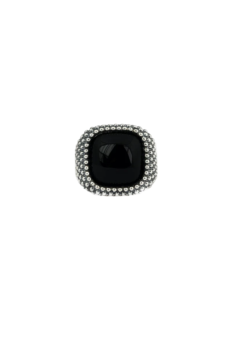 Black Agate Dotted Square Signet Ring