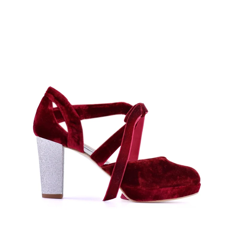 Hera Burdeos Velvet Glitter Plata Midi