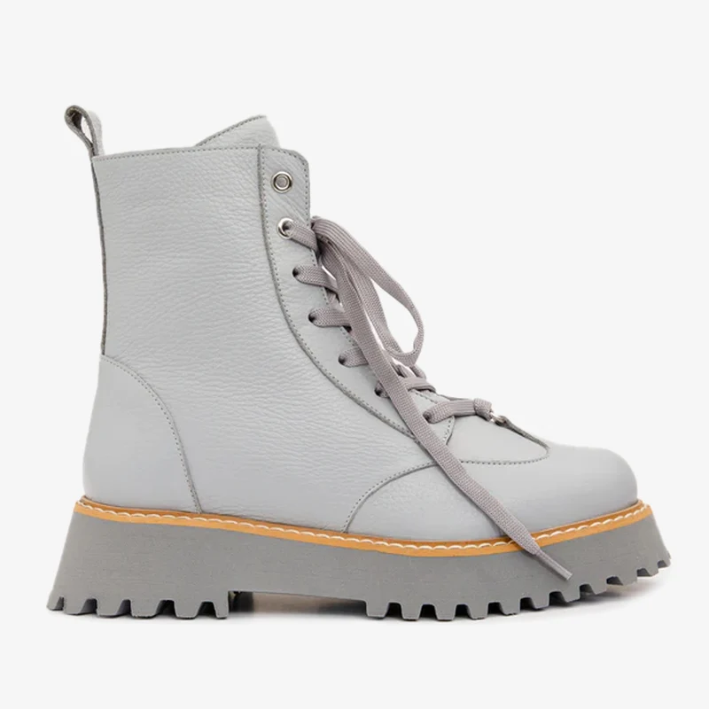 The Yildiz Gray Leather Lace-Up Ankle Women Boot With a Side Zipper