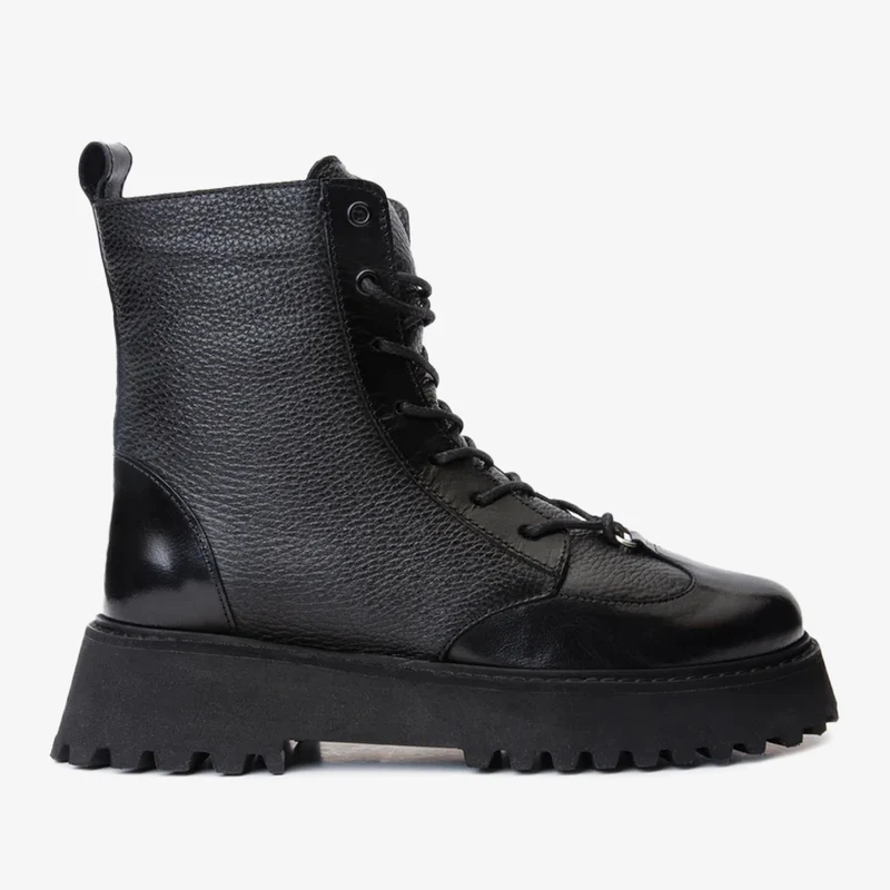 The Yildiz Black Leather Lace-Up Ankle Women Boot With a Side Zipper