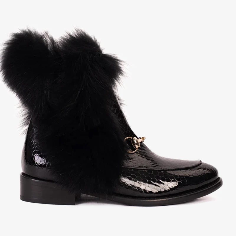 The Izmir Black Patent Leather Natural Fur Mid Calf Women Boot