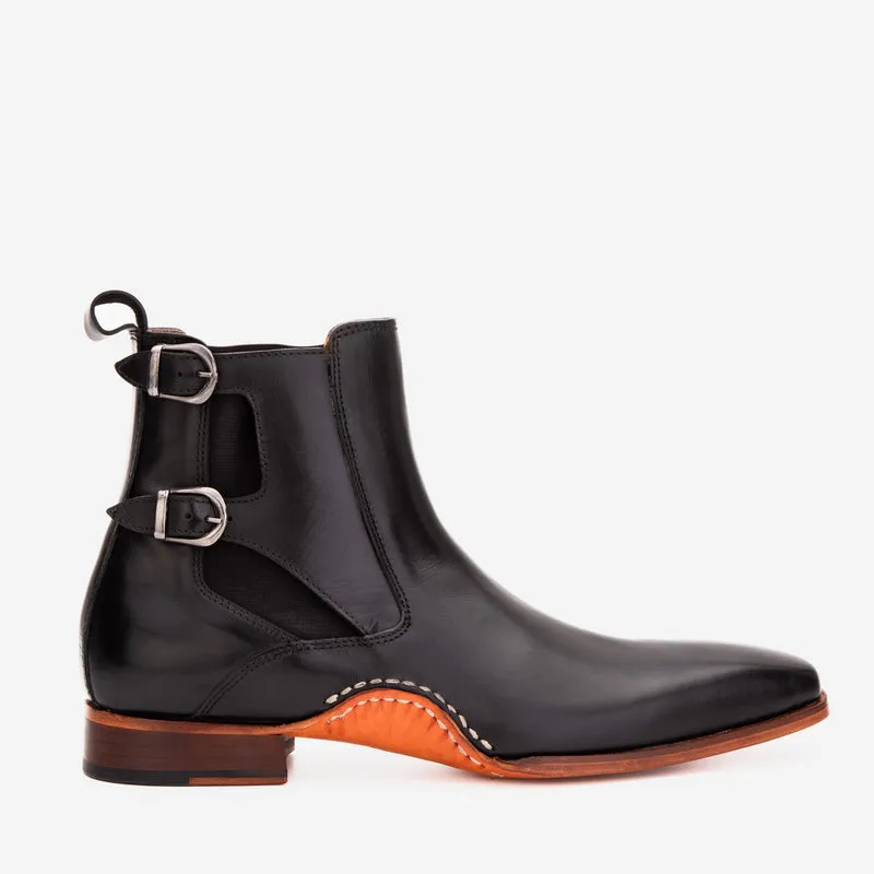 The Royal Hand Craft Black Leather Double-Buckle Chelsea Men Boot