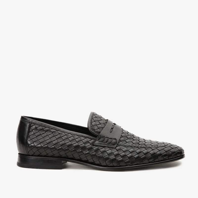 The Grand Woven Leather Black Men Shoe Penny Loafer